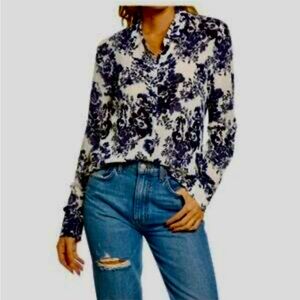 REFORMATION ivory navy floral button front blouse